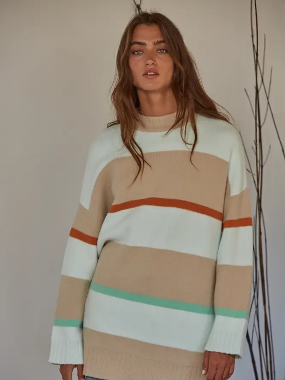 Free People Peaches Stripe Tunic Sweater size xs oversized neutral iced oat milk